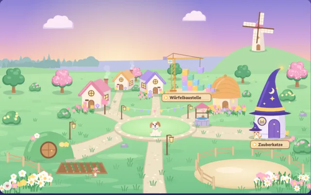 Tierdorf mit kleinen Häusern, Würfelbaustelle, Zauberkatze und einem Welpen