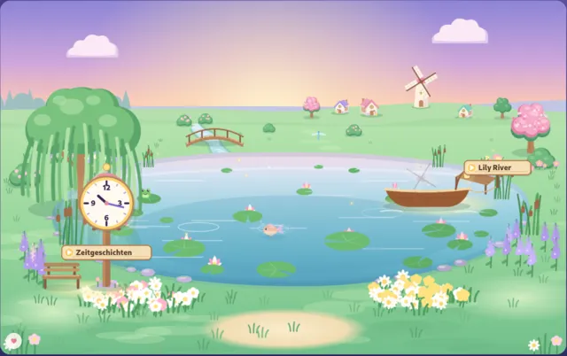 Seerosenteich mit Boot, Seerosen, einer Uhr und Blumen am Ufer