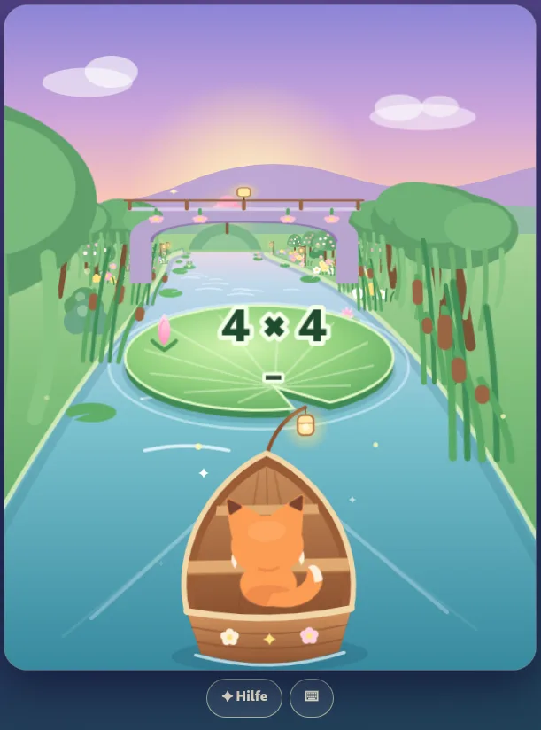 Lily River: ein Kätzchen im Boot unter einer Brücke vor der Aufgabe 4 × 4 auf einer Seerose
