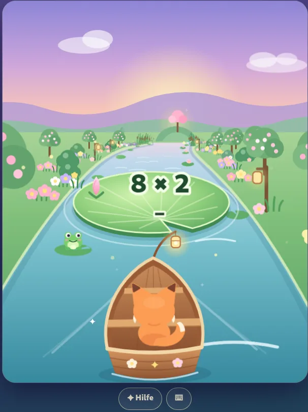 Aktueller Screenshot von Lily River: ein Kätzchen im Boot vor einer Seerose mit der Aufgabe 8 × 2 und den Tasten für Hilfe und Tastatur
